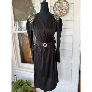 Vintage 80s Diamonds Run Black Dress With Glitter Fan Shoulders Size M